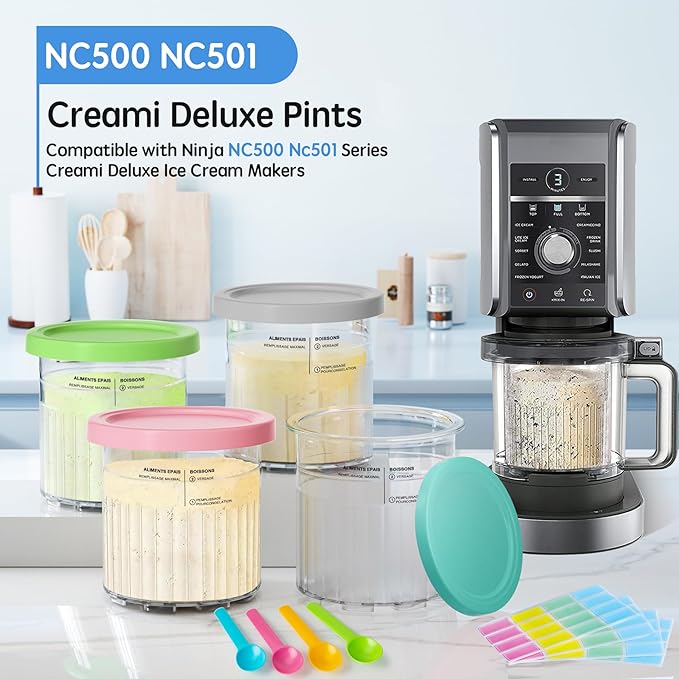 Creami Deluxe Pints & Lids Compatible with Ninja NC500 NC501 Series Ice Cream Makers, 24 Oz, BPA-Free, Dishwasher Safe, 4 Colors, with 5 Spoons & 64 Writable Labels, 4 Pack