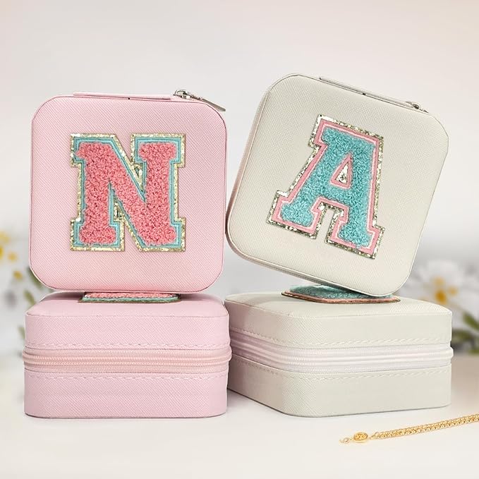 SANDJEST Personalized Jewelry Box, Pink Travel Jewelry Box with Initial N, Small Monogrammed Jewelry Case Organizer for Girls Women Teen Kids, Mini Travel Essentials Gifts for Birthday Christmas