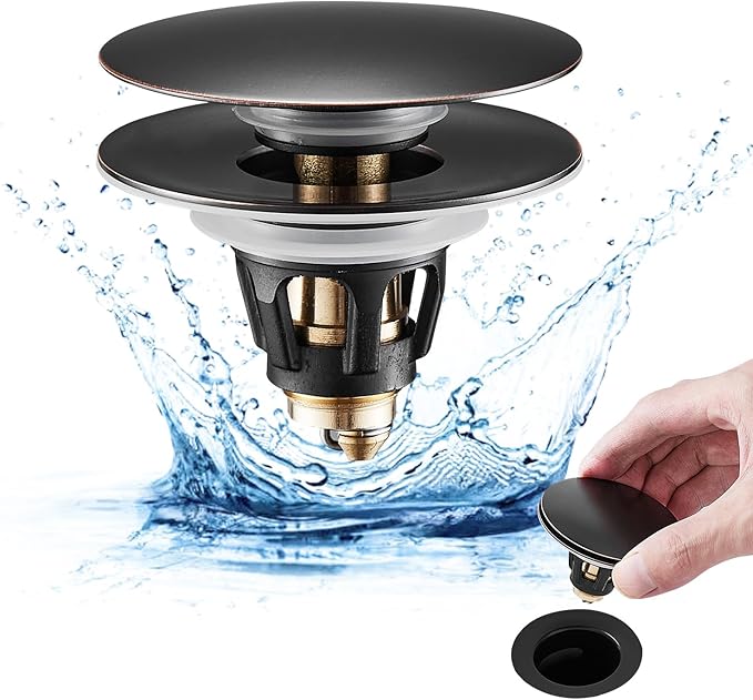 Fransiton Bathroom Sink Drain Stopper, Big-Cap Pop-up Drain Fits 1.1" -1.77" Lavatory Vanity RV Sink, Anti-Clogging Drain Plug with Detachable Hair Catcher Oil Rubbed Bronze