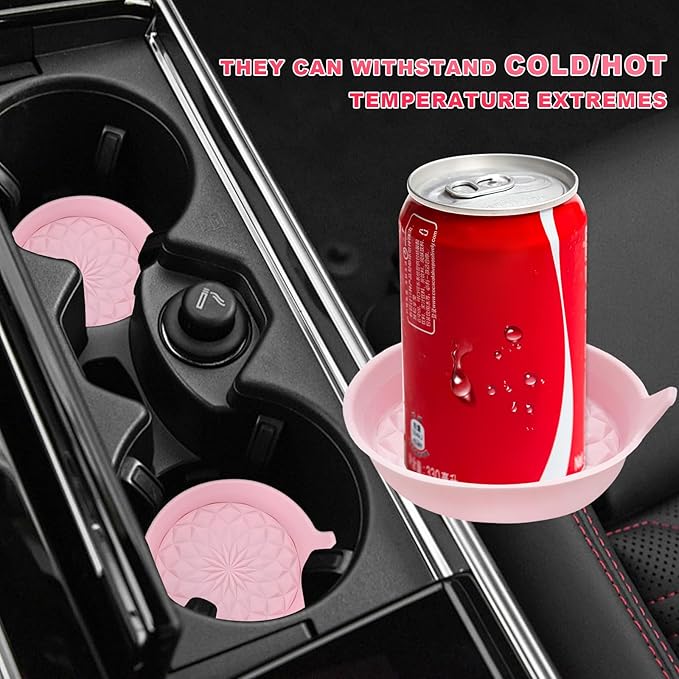 4 PCS Car Cup Holder Coasters, 2.75 Inch Anti-Slip Insert Silicone Car Coaster Drink Mat, Shockproof Universal Auto Cup Coasters for Most Vehicles, Car Interior Accessories (Pink)