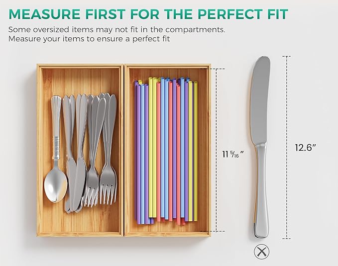 Bamboo Kitchen Drawer Organizer Boxes – Stackable Wood Silverware Utensil Tray for Drawers Bins, Cutlery & Flatware Storage – Wooden Organizers Set of 2, 12" x 6" x 2" for Junk Drawer, Bathroom, RV