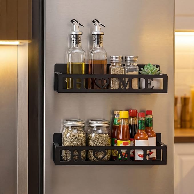 2 Pack Home Magnetic Spice Rack for Refrigerator Metal Magnet Basket Shelf for Fridge Seasoning Storage Organizers Home Decor Kitchen Accessories(Black)