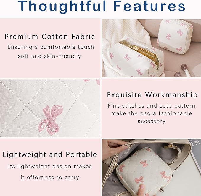 2pcs Small Quilted Cotton Makeup Bag for Purse, Cosmetic Bag with Compartments, Cotton Aesthetic Makeup Bag, Travel Toiletry Pouch, Lipstick Bag Card Holder Data Cable Organizer (Pink Bow Set)