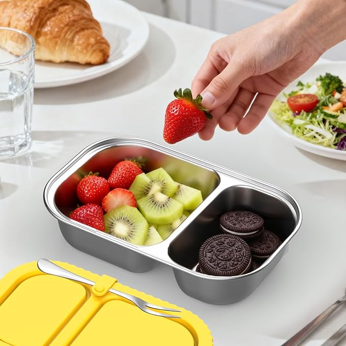 Stainless Steel Snack Containers with Silicone Lids, 4 Pack Reusable 2-Compartment Food Storage Containers, Snackle Box Container, Leak-Proof Metal Bento Lunch Box for School, Travel, Home