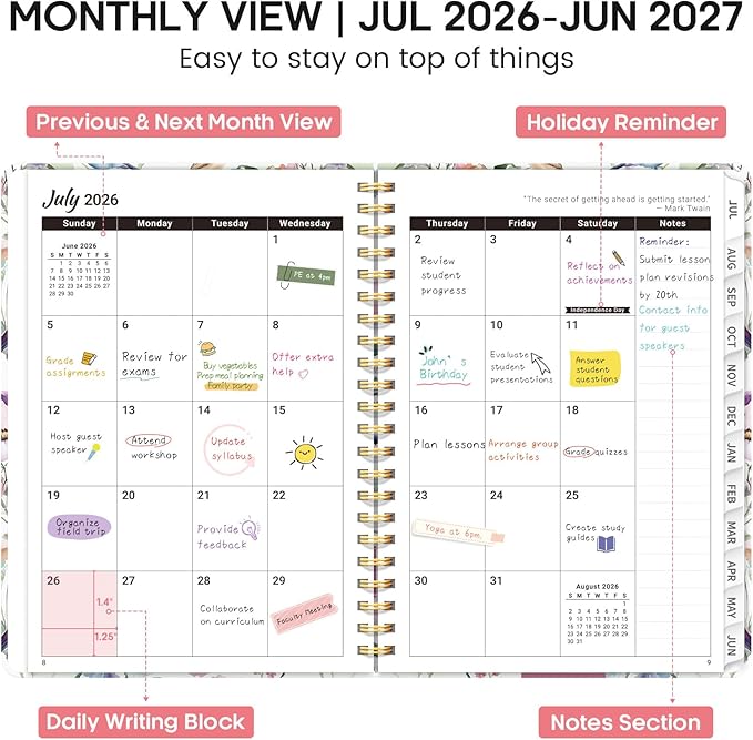 Academic Planner 2026-2027, Weekly and Monthly Calendar Book, July 2026 – June 2027, Hardcover Planner with Tabs, Perfect for Teachers, Students, Women & Men, A5 (6.4" x 8.5") - Songbird Bloom