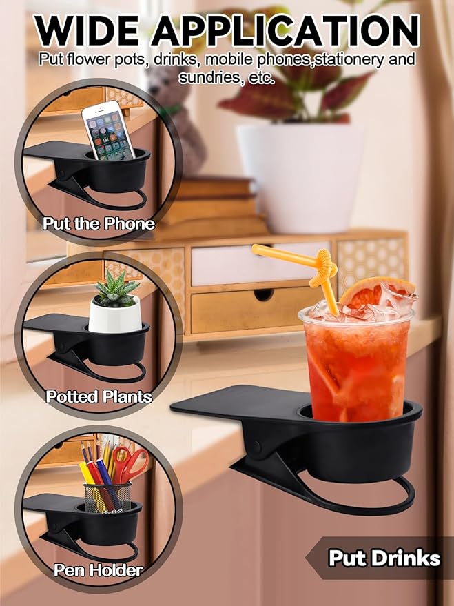 1PCS Drinking Cup Holder, Kalolary Desk Bottle Cup Stand DIY Glass Clamp Storage Saucer Clip Water Coffee Mug Holder Saucer Clip Design for Home & Office, Black