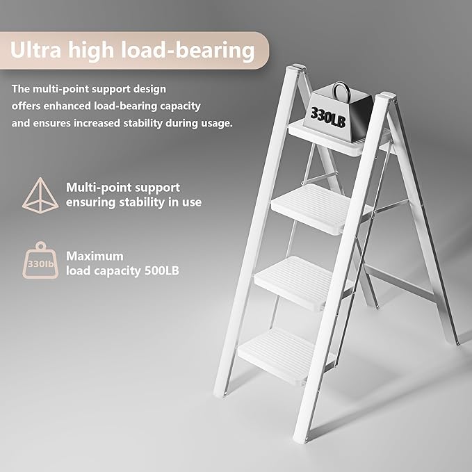 White Step Ladder White 4 Step Folding, Sturdy 330 Lbs Small Step Stool for Adults, Closet Step Stool Ladder with Anti-Slip Wide Pedals, Portable Folding Ladder for Home Kitchen Office