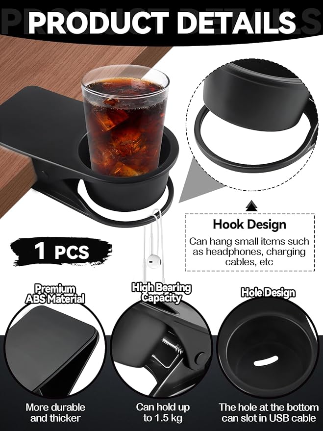 1PCS Drinking Cup Holder, Kalolary Desk Bottle Cup Stand DIY Glass Clamp Storage Saucer Clip Water Coffee Mug Holder Saucer Clip Design for Home & Office, Black