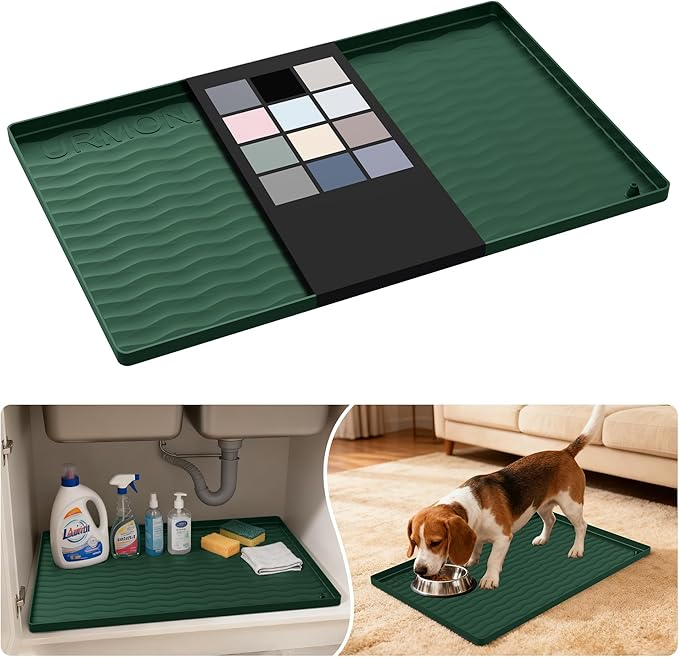 URMONA Waterproof Silicone Under Sink Mat 22'' x 14'' Shelf Liner for Kitchen and Bathroom, Cabinet and Counter Protector, Storage and Organizers, Litter Mat, Pet Cat Puppy Essentials(Green)