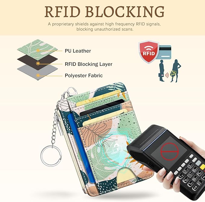 Abstract Boho Leaves Credit Card Holder Small Wallet Women, Slim RFID Blocking Wallet Woman Keychain with Zipper Coin Pocket, Front Pocket Thin Travel Card Case ID Window Female Ladies Gifts