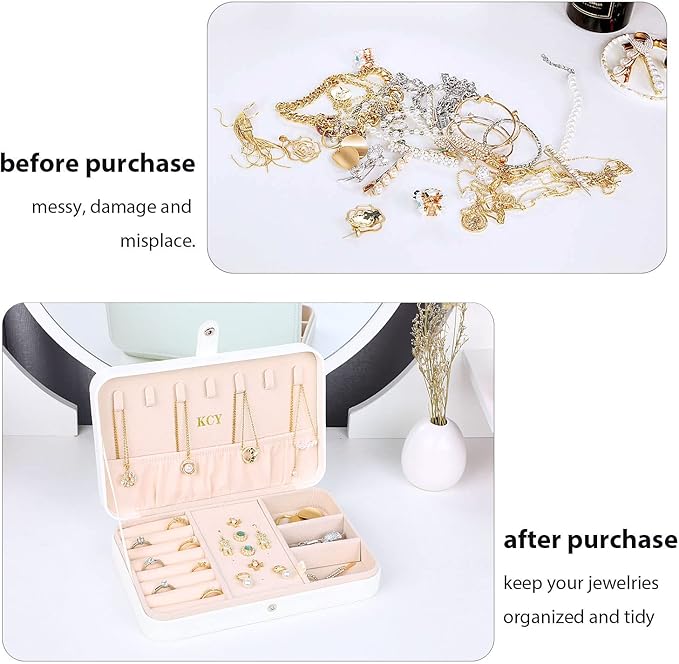 KCY Jewelry Box for Women Girls,Small Travel Jewelry Organizer Case,PU Leather Portable Jewellery Storage Boxes Display Holder for Ring Earrings Necklace Bracelet Bangle, Men Teen Kids Gift, White