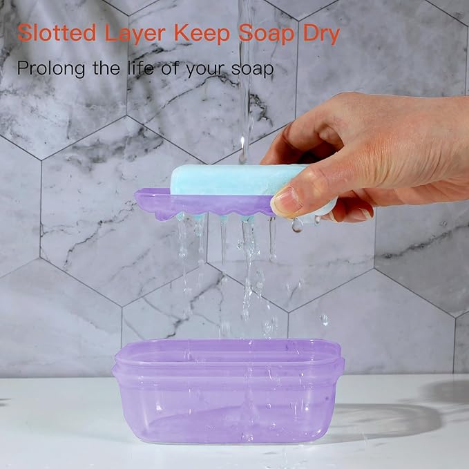 Quatish Leakproof Soap Dish with Lid & Draining Layer, Shatterproof Travel Bar Soap Holder Case Container, Portable Travel Size Toiletries Essentials for Camping, Gym, Bathroom, Clear Purple