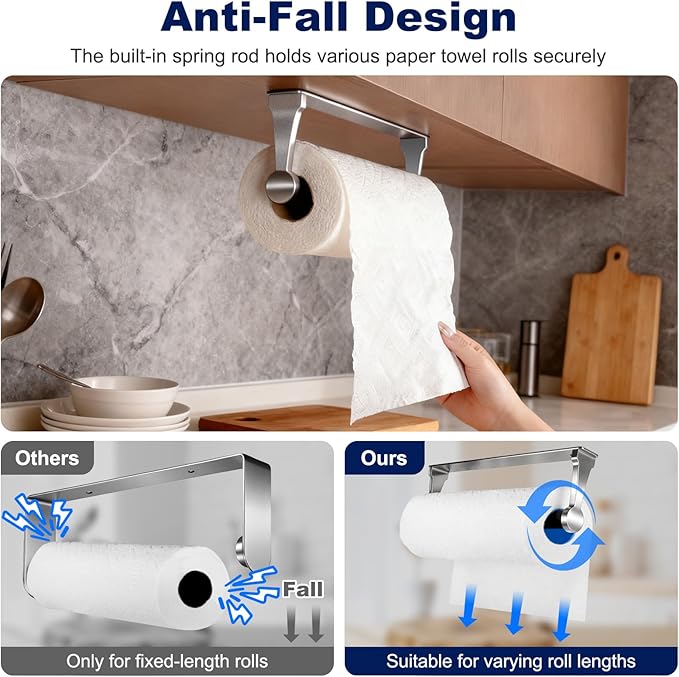 Paper Towel Holder Wall Mount Adhesive Paper Towel Holder Under Cabinet Toilet Roll Hanging Holders Rack for Kitchen Bathroom Garage Counter, Anti-Drop Upgraded Telescopic Rod Design Roll, Silver
