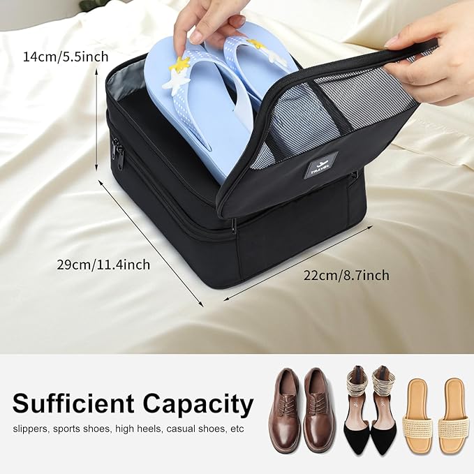 2 Layers Travel Shoe Bag, Portable Shoe Bags Hold 2 Pair Of Shoes, Water-Resistant Shoe Storage Pouch For Travel (Black, 2 Pack)