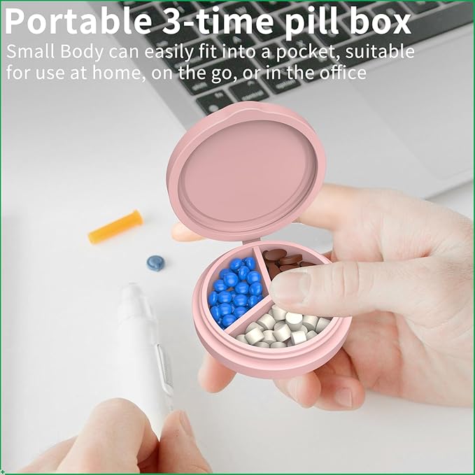 2 Pack Small Pill Box,3 Compartment Round Silicone Travel Pill Box for Purse Pocket, Waterproof Portable Compact Medicine Holder for Vitamin, Cod Liver Oil, Supplement (Red+Pink)