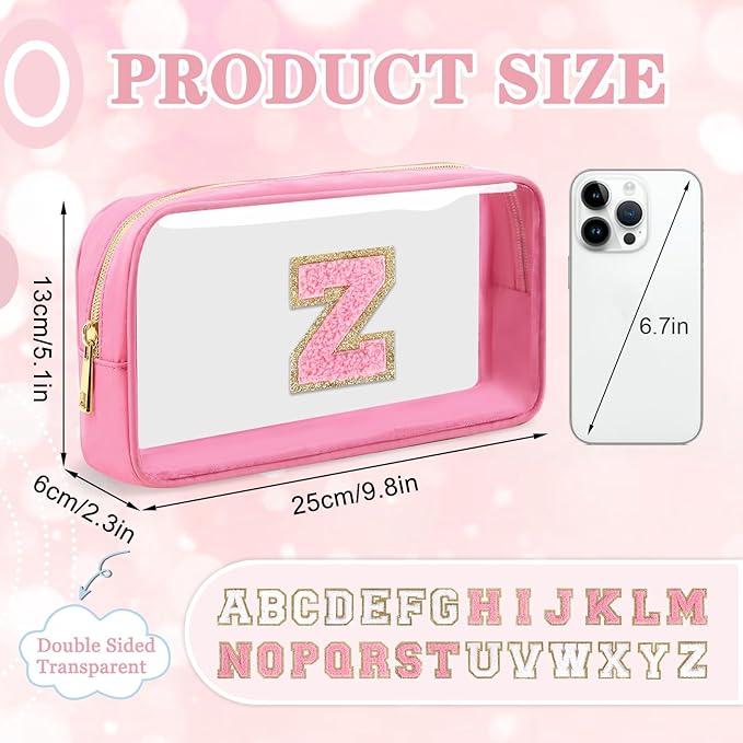 Small Clear Personalized Initial Makeup Bag, Preppy A-Z Chenille Letter Patch Cosmetic Bag, Cute Transparent Nylon Waterproof Zipper Beach Varsity Letter Pouch, Gift for Women Girls(Pink-Pink Z)