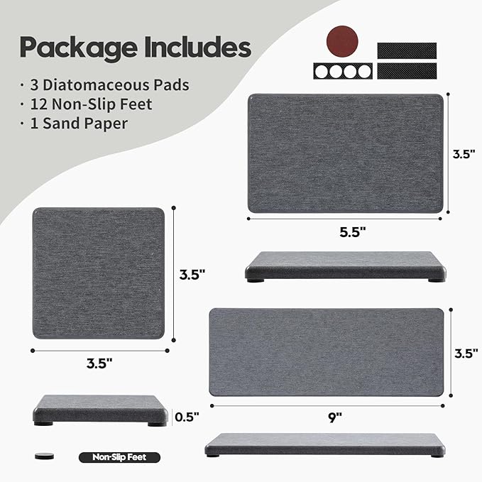 3PCS Water Absorbing Soap Dish Sponge Holder, Diatomite Stone Drying Tray Mat Sink Caddy for Kitchen Counter & Bathroom, Small Stone Bath Mat Faucet Accessories Organizer Protector, Dark Gray, 9"x 3.5"
