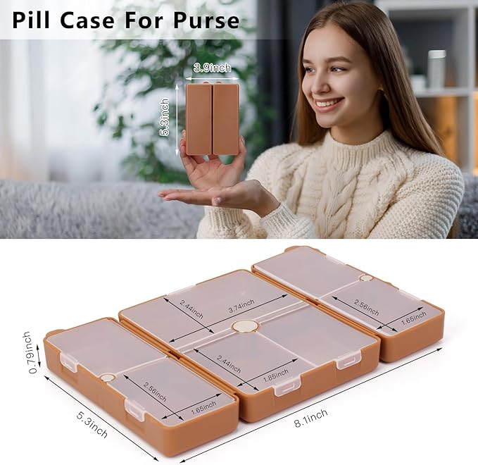FYY Daily Pill Organizer,2 Pcs 7 Compartments Portable Pill Case Travel Pill Organizer,[Folding Design] Pill Box for Purse Pocket to Hold Vitamins,Cod Liver Oil,Supplements and Medication-Brown