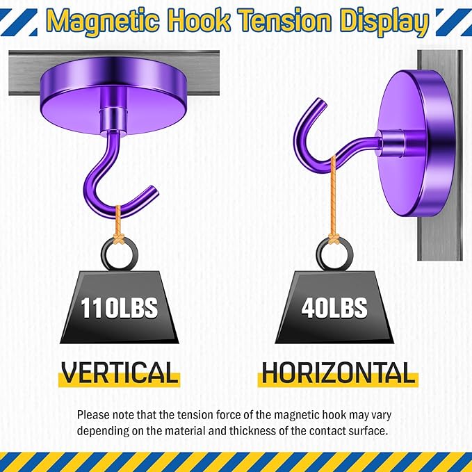 FINDMAG Magnetic Hooks for Cruise Cabins, 110lbs Magnetic Hooks for Classroom, Fridge Magnets, Strong Magnets Heavy Duty for Classroom Decor, Locker Organizer, Camping Essentials, 6 Pack, Purple