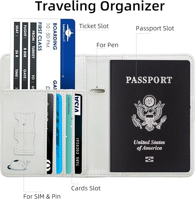 WALNEW Passport Holder for Travel, RFID Passport Cover Wallet for Women Men, PU Leather Passport Book Card Holder Case with Pen, Travelling Essentials for Flying