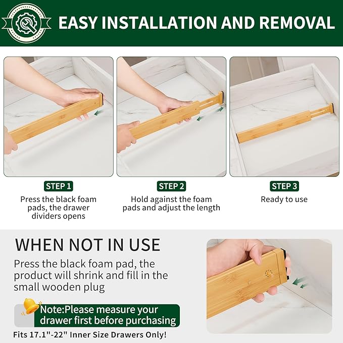 6 Pack Bamboo Drawer Dividers 2.6" High,17-22" Adjustable Spring Loaded Clothes Drawer Organizers for Kitchen, Dresser, Bathroom, Bedroom and Office
