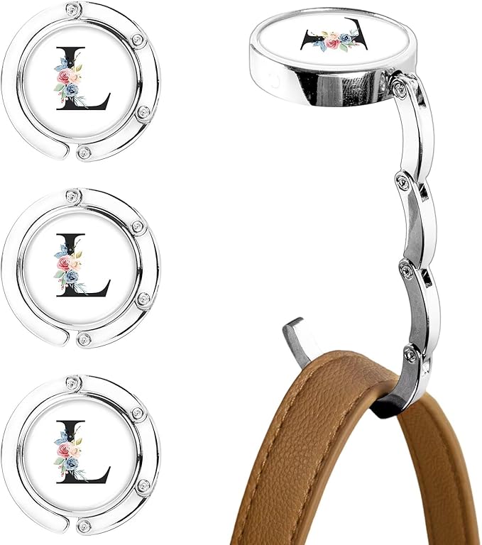 XSUIOY 3Pcs Personalized Initial Foldable Purse Hook for Table,Crushed Flower Letters Folding Purse Hanger,Purse Holder Handbag Hanger Collection Desk Table Bag Hooks Gifts for Women Bag(Black-L)