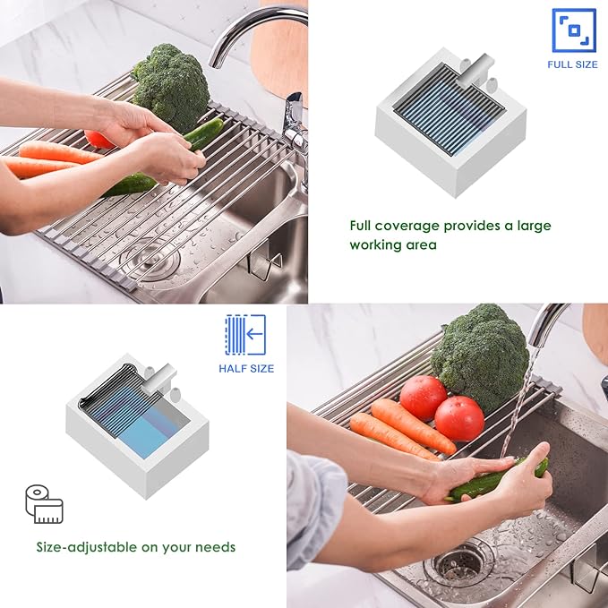 Tomorotec Roll Up Dish Drying Rack, Over The Sink Dish Drying Rack, Portable Stainless Steel Rolling Rack Multipurpose Kitchen Drainer Caddy Organizer Storage Shelf Holder, Gray