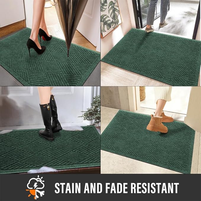 Sturdy Front Door Mat, Absorbent Muddy Dirt Resist Welcome Door Mats Outdoor Indoor, Stain and Fade Resistant, Non-Slip Rubber Backing Low Profile Doormat for Entryway, 36×24, Green