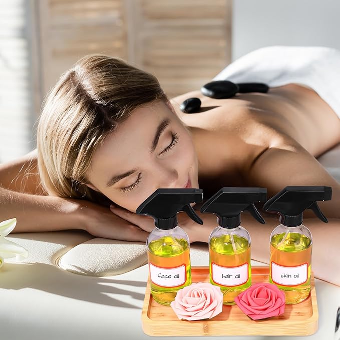 Fumete 2 Pack Glass Bottles 4oz Empty Refillable Liquid Containers with 1 Label 1 Funnel for Essential Oils Hair Travel Plants Cleaning Skin Care(Clear, Black Top,Spray Bottle)