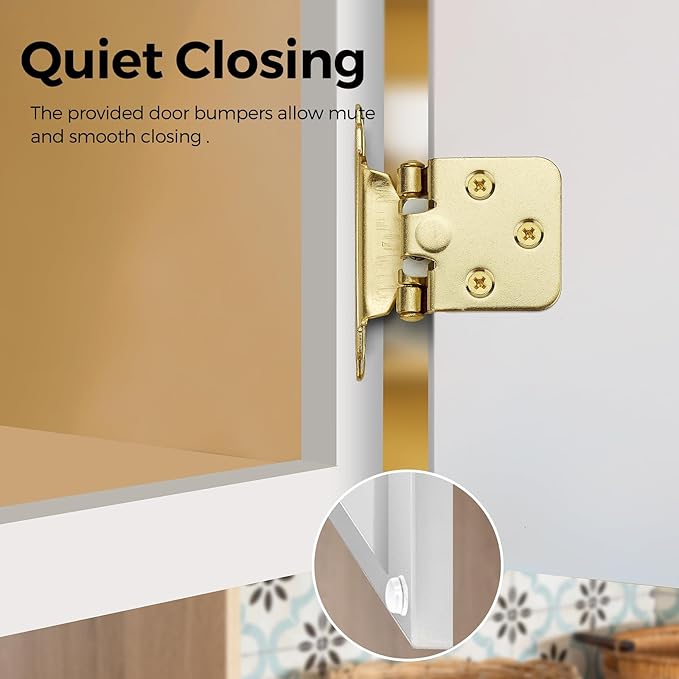 20 Pack 10 Pair Gold Cabinet Hinges - 1/2 inch Overlay Kitchen Cabinet Hinges, Semi-Concealed Hinges, Self Closing Cabinet Door Hinges with Door Bumper, Gold Face Mount Cabinet Hardware