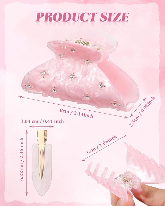 6PCS Acrylic Marbled Hair Claw Clips - Include No Bend No Crease Hair Clips and Medium Rhinestone Claw Clip, Cute Stylish Hair Accessories for Women Makeup, Strong Hold Non Slip for Thick Thin Hair