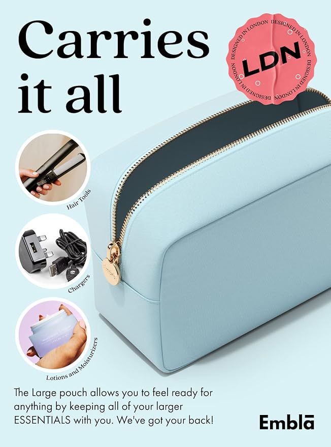 Embla Makeup Bag Travel Cosmetics Pouch and Toiletry Bag, Nylon Zipper Pouch Purse, Cute Make Up Organizer Storage Tote for Women Girls, Waterproof Travel Skincare Case, Large Makeup Bags, Sky Blue