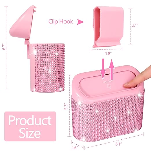 NBTEPEM Bling Pink Car Trash Can with Lid, Mini Auto Garbage Can with 30 Trash Bags, Automotive Garbage Container Bin, Bling Car Accessories Trash Can for Women (Pink Diamond)