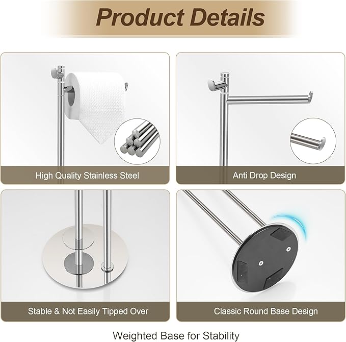 BVL Toilet Paper Holder Stand in Brushed Nickel, SUS304 Stainless Steel, Weighted Base, Holds 5 Jumbo Rolls, Waterproof Pad, Space-Saving Modern Bathroom Storage with Built-in Hook