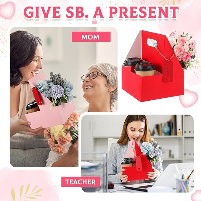 MotiMind 20 Pack Mother's Day 2 Cup Drink Carrier with Handle, Kraft Paperboard Teacher Cup Holder Portable for Hot Cold Drinks, Coffee Carrier Gift with Heart Card Rope (Red,Pink)
