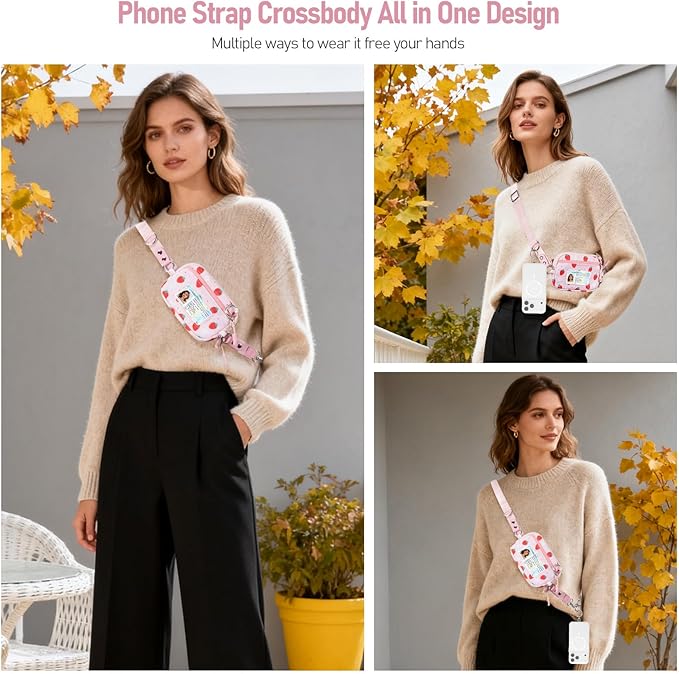 Clip and Go Strap for Phone with Wallet Crossbody Phone Lanyard and Detachable Checkered Bag with ID Window and RFID Pouch for Daily Travel. Strawberry