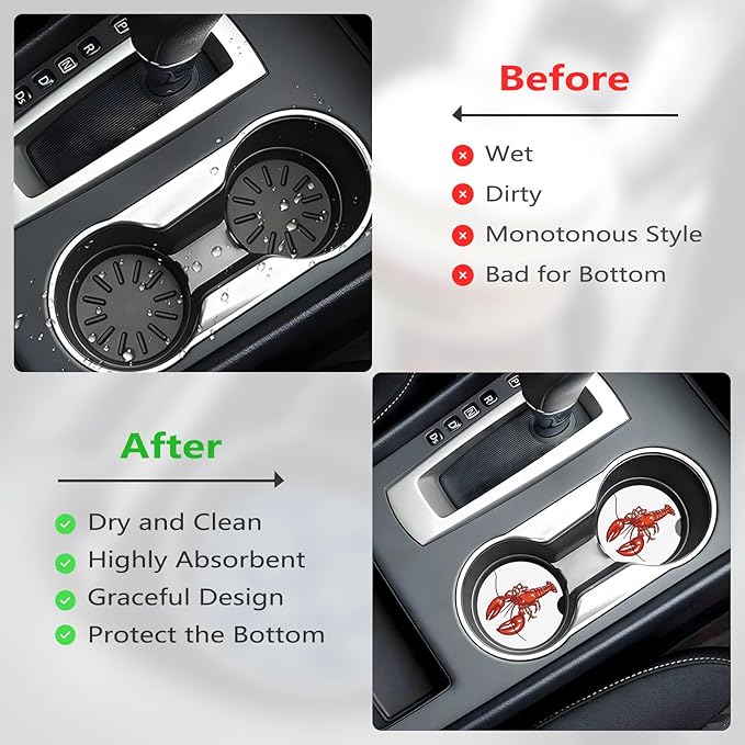 Car Cup Holder Coasters, 2 Pcs Ceramic Coasters with Cork Back and Finger Slot, Anti-Slip Shock Absorbing Women and Men Universal Car Accessories - Tiny Lobster