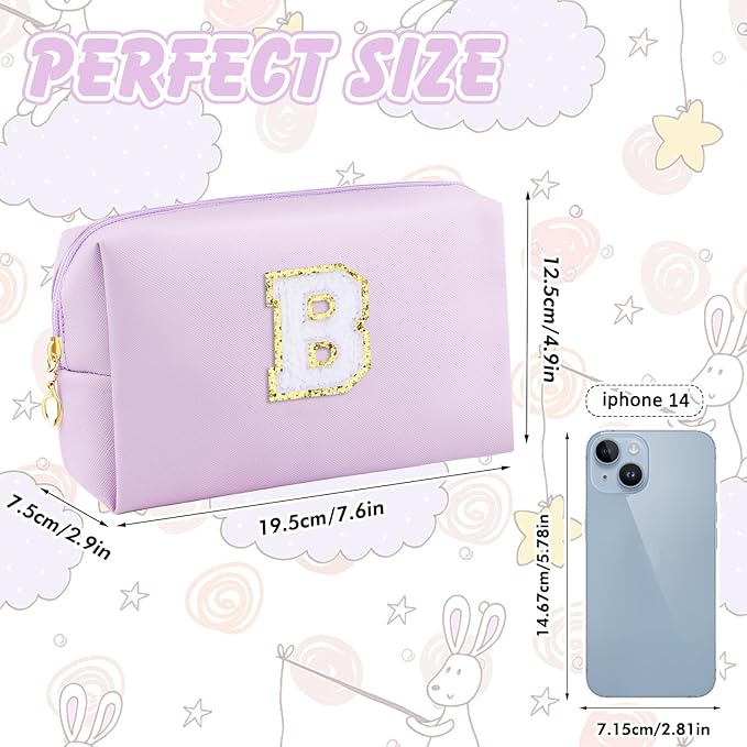 Gifts for Girls Initial Makeup Bag Personalized Cosmetic Bag with Zipper Cute Travel Toiletry Bag Waterproof PU Preppy Makeup Pouch Birthday Gift for Teen Girls Women(Purple B)