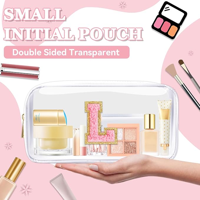 Small Clear Personalized Initial Makeup Bag,Nylon Preppy A-Z Chenille Letter Patch Cosmetic Pouch Beach Toiletry Bag,Waterproof Zipper Travel Purse Storage Bag Organizer for Women Girls(White-Pink L)