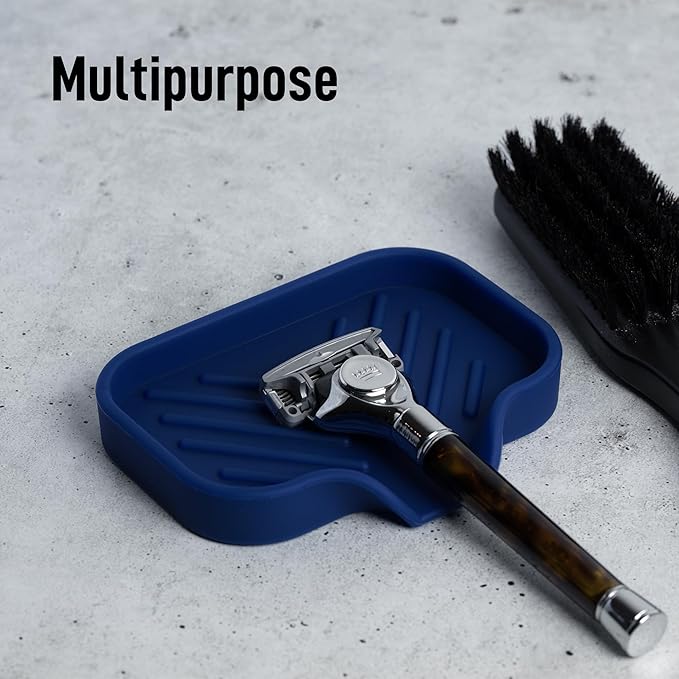 Zulay Kitchen Small Silicone Sponge Holder (4.9x3.3”) – Space-Saving Sink Organizer Tray for Sponge, Soap, Brush & More – Compact Non-Slip Dish for Kitchen & Bathroom (Dark Blue)