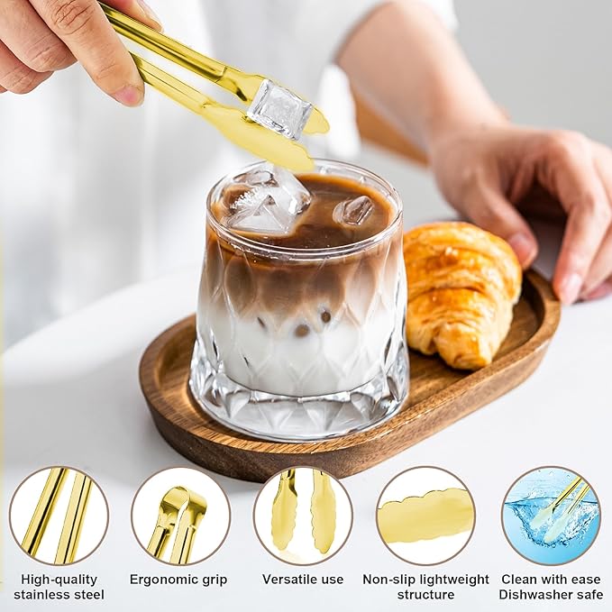 8PCS Gold Mini Metal Tongs, 5" Stainless Steel Serving Tiny Tong, Small Kitchen Accessories for Appetizer, Ice, Sugar Cube, Salad, Toaster, Desserts