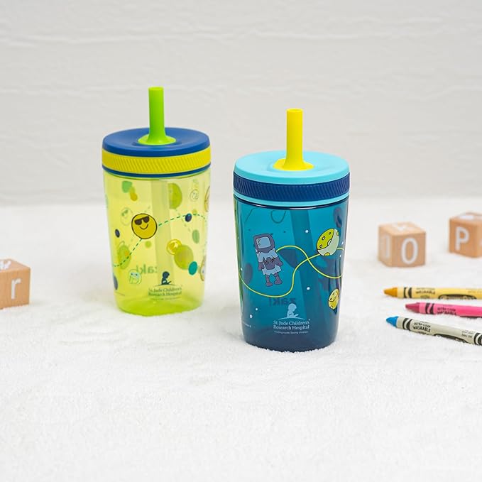 Zak Designs St. Jude Kelso Toddler Tumblers For Travel or At Home, 15oz 2-Pack Durable Plastic Sippy Cups With Leak-Proof Design is Perfect For Kids (Space and Smiles)