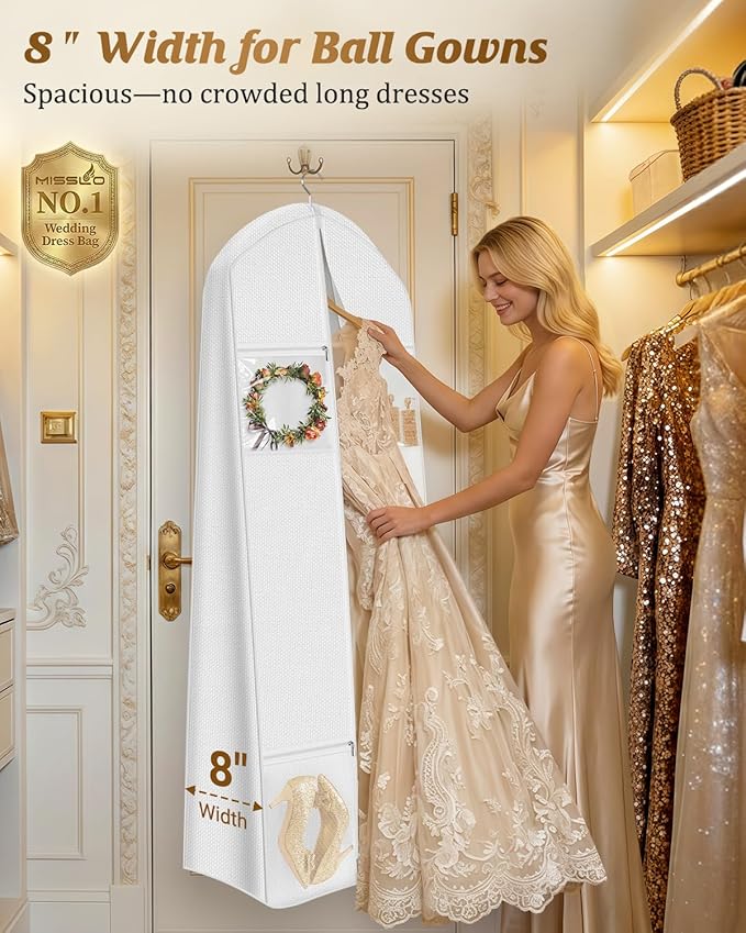 MISSLO Portable 70" Wedding Dress Garment Bag with Bride Tote Bag 8'' Gusseted Dress Bags for Gowns Long 4 Pockets Dress Cover for Women, White
