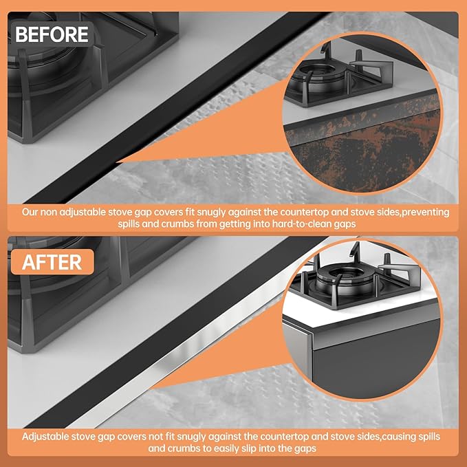 Stove Gap Covers 316 Stainless Steel,2 Pack 23.2" Fixed Stove Gap Filler,Heat Resistant Stove Gap Guards,Between Stove and Counter Slide In Range Trim Kit for Kitchen,Upgrade Silver