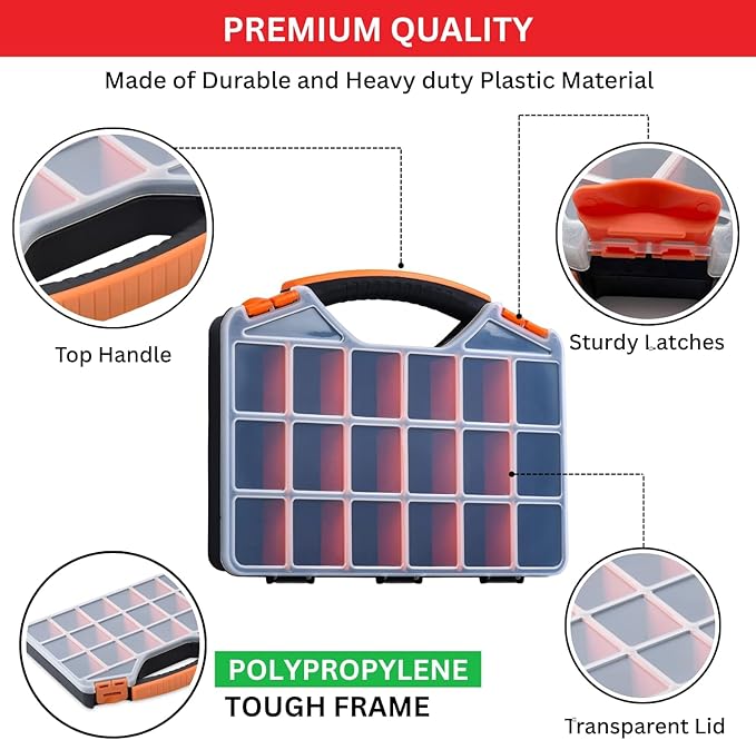 Andalus Tools Organizer Box, Small Parts Storage 18-Compartment Portable Hardware Organizer Removable Plastic Dividers for Screws, Nuts, Bolts, Nails – Orange (2 Pack, 12.75" x 10" x 1.75")