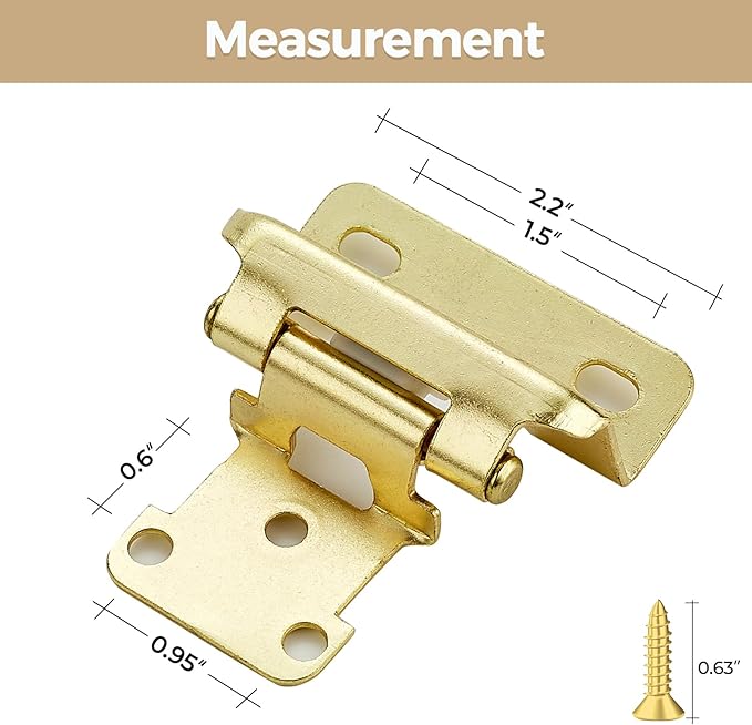20 Pack 10 Pair Gold Cabinet Hinges - 1/2 inch Overlay Kitchen Cabinet Hinges, Partial Wrap Around Cabinet Door Hinges for Face Frame Cabinet, Self Closing Gold Face Mount Cabinet Hardware
