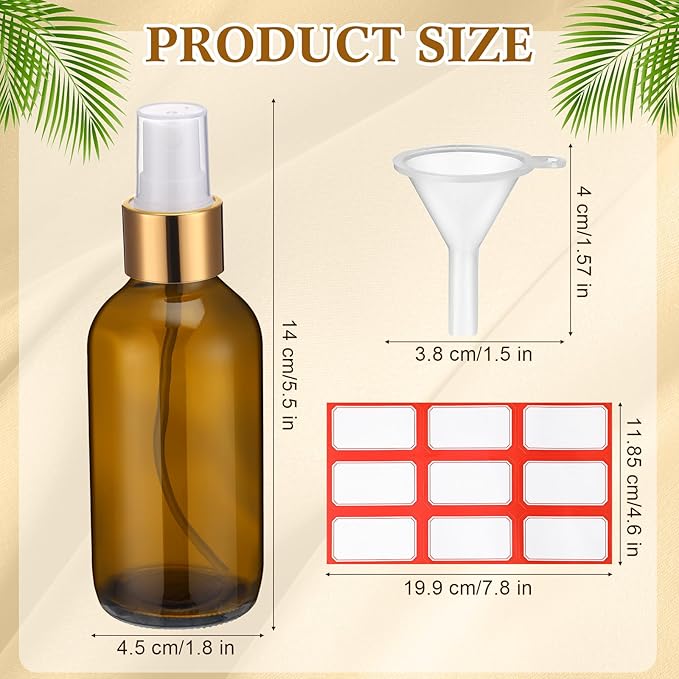 Fumete 2 Pack Glass Bottles 4oz Empty Refillable Liquid Containers with 1 Label 1 Funnel for Essential Oils Hair Travel Plants Cleaning Skin Care(Amber, Golden Top,Mist Bottle)
