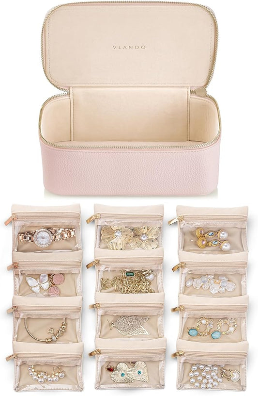 Vlando Jewelry Box Organizer for Travel, Graduation Gifts for Daughter, Jewelry Case with 12 Pcs Velvet Jewelry Bags for Earrings Necklace Rings, Valentine's Day, Birthday, Wedding Gift for Women - Pink