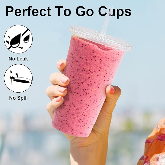 Lamosi 100 Pack 20 oz Clear Plastic Cups with Lids and Straws, Disposable Iced Coffee Cups with Lids for To-Go Cold Drinks, Smoothies and Slushie