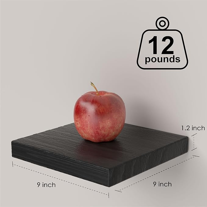 Small Floating Shelves for Wall - 9 Inch Square Black Shelves for Bedroom, Living Room, Bathroom, Kitchen, Office Decor Set of 3